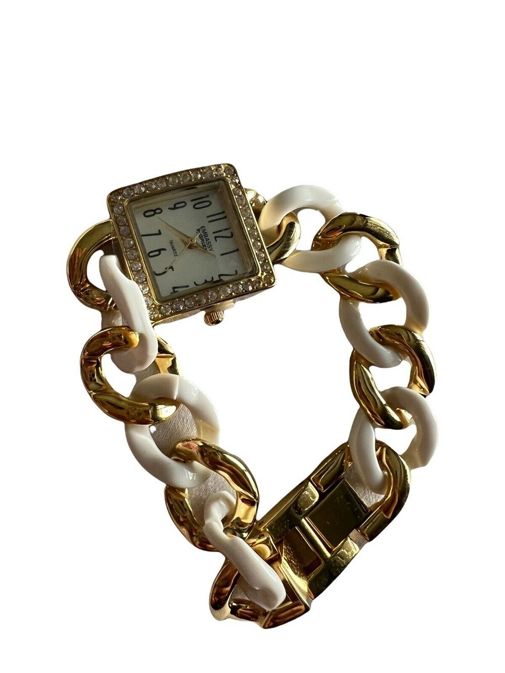 Embassy by Gruen Women's Watch Gold White Chain Link Cuff Rhinestone Square NIB